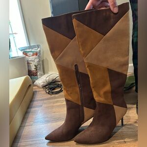JustFab Brown and Tan Patchwork Over the Knee Boots